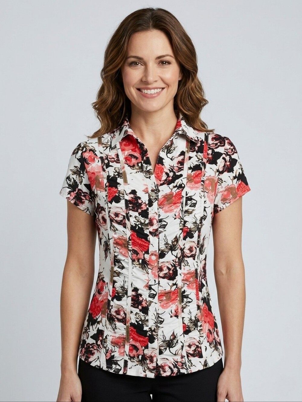 Rickis White Floral Button-Up Short Sleeve Top size M
